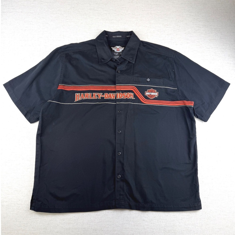 Harley Davidson‎ Mens XL Black Short Sleeve Button Up Shirt American Embroidered